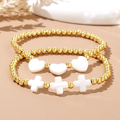 2Pcs 2 Styles European Cross Heart Natural Shell and Brass Round Beaded Stretch Bracelet Sets AC5817-1-1