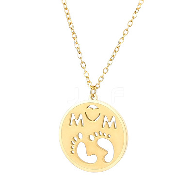 Mother's Day 304 Stainless Steel Hollow Out Flat Round with Word Mom & Baby Feet Pendant Necklaces WGD8F21-09-1