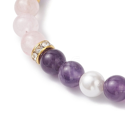 Natural Amethyst & Rose Quartz  & Shell Pearl Round Beads Stretch Bracelets for Women BJEW-JB12229-02-1