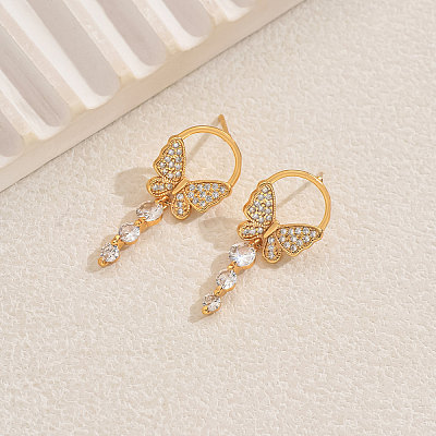 Elegant Butterfly Brass Pave Clear Cubic Zirconia Dangle Stud Earrings LS-UU2168-1