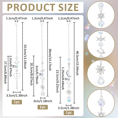 3Pcs 3 Styles Glass & Alloy Hanging Suncatchers AJEW-NB0008-75-1