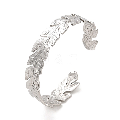 Non-Tarnish 304 Stainless Steel Leaf Cuff Bangles BJEW-G694-08P-1