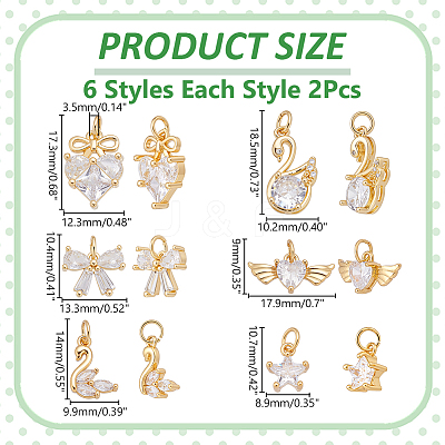 12Pcs 6 Styles Brass Micro Pave Cubic Zirconia Pendants ZIRC-WR0001-08-1