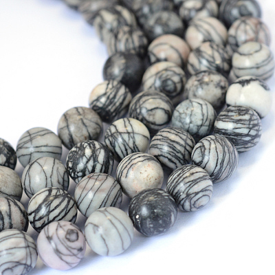 Natural Black Silk Stone/Netstone Round Bead Strands X-G-E334-6mm-05-1