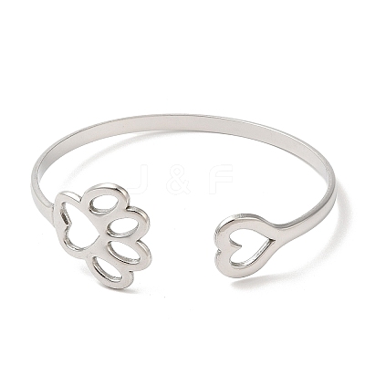 Non-Tarnish Hollow Dog Paw Print & Heart 304 Stainless Steel Cuff Bangles for Women BJEW-L682-015P-1
