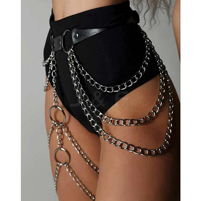 Black Imitation Leather Alloy Curb Chain Layered Tassel Leg Chain Waist Body Chains for Sexy Woman FS-WGB0E32-01-1