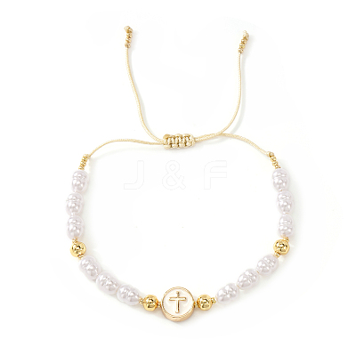 Adjustable Brass Flat Round with Religion Cross & Imitation Pearl Braided Bead Bracelets for Women FT2047-1
