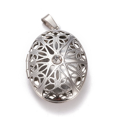 304 Stainless Steel Rhinestone Locket Pendants STAS-K197-10P-1