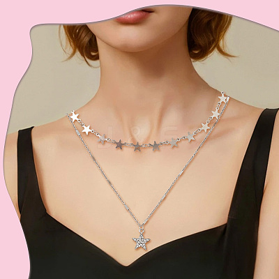 2 Sets 2 Colors Alloy Crystal Rhinestone Star Link Chain Necklace Sets NJEW-SC0001-54-1