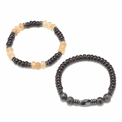 2Pcs 2 Style Coconut & Natural Larvikite & Watermelon Stone Glass Stretch Bracelets Set BJEW-JB07832-1
