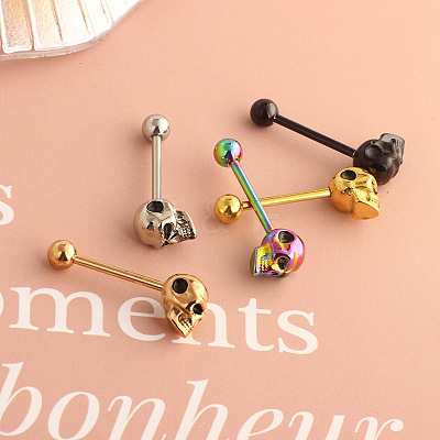 Skull 304 Stainless Steel Straight Barbell 15 Gauge Piercing Tongue Rings for Women Men FS-WG07D05-04-1