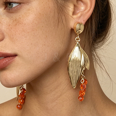 Zinc Alloy Leaf Stud Dangle Earrings with Rhinestone Tassel WGF38D3-01-1