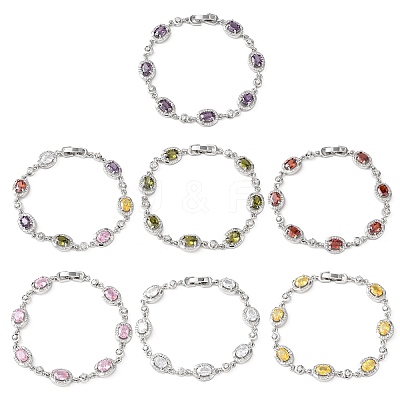 Oval Brass Micro Pave Cubic Zirconia Link Chain Bracelets for Women BJEW-D387-04P-1