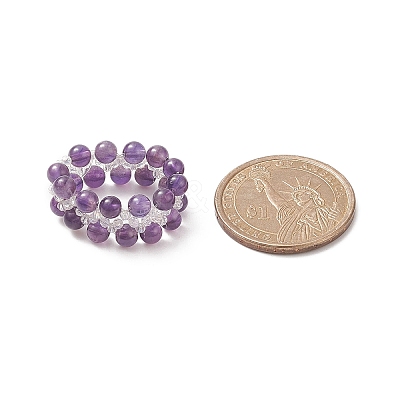 Natural Amethyst & Glass Braided Beaded Stretch Ring for Women RJEW-JR00546-02-1