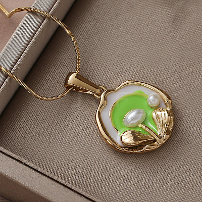 304 Stainless Steel Enamel with Imitation Pearl Flower Pendant Necklaces for Women DU2502-1