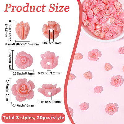 60Pcs 3 Styles Dyed Synthetic Coral Carved Beads CORA-SC0001-21A-1