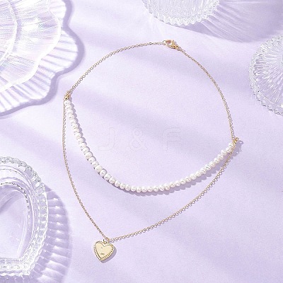 Natural Cultured Freshwater Pearl Potato Beaded Brass Heart with Letter Pendant Double Layer Necklaces NJEW-JN05392-02-1