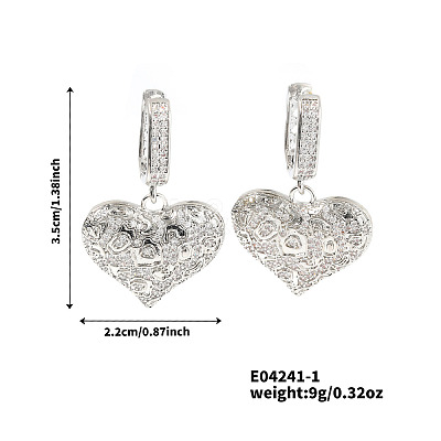 French Style Heart Brass Clear Cubic Zirconia Hoop Earrings OS1413-1-1