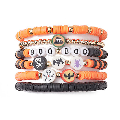 6Pcs 6 Styles Halloween Handmade Polymer Clay Beaded Stretch Bracelets Sets X1-BJEW-TA00490-1