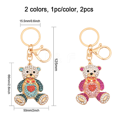 2Pcs 2 Colors Cartoon Heart Bear Rhinestone Pendant Keychain KEYC-CA0001-47-1