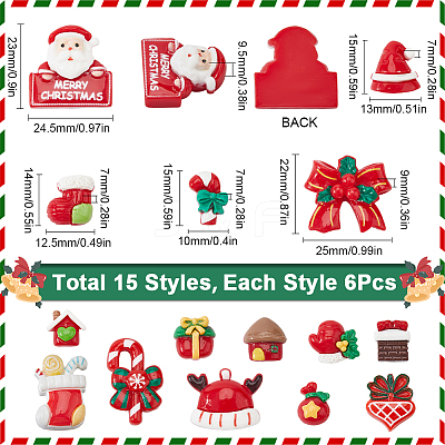 90Pcs 15 Styles Christmas Opaque Resin Cabochons RESI-SC0005-61-1