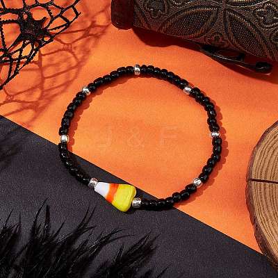 3Pcs 3 Styles Halloween Skull & Candy Corn Acrylic and Synthetic Magnesite Bracelet Sets BJEW-JB10525-1