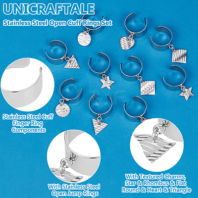 10Pcs 10 Style 304 Stainless Steel Open Cuff Rings Set RJEW-AB00001-1