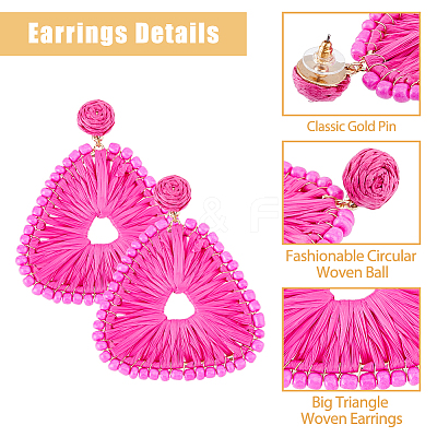 3 Pairs 3 Colors Raffia Grass Braided Triangle Dangle Stud Earrings for Women EJEW-FI0002-28-1