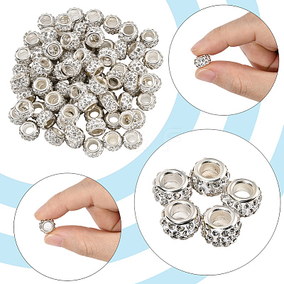 80Pcs Polymer Clay Rhinestone European Large Hole Beads with Silver Color Plated Brass Cores FPDL-LT0001-02E-1