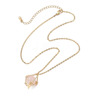 Brass Macrame Pouch Natural Rose Quartz Inside & 304 Stainless Steel Pendant Necklaces for Women NJEW-JN05607-02-1