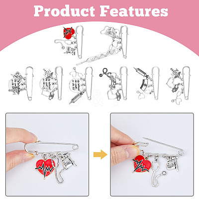 8Pcs 8 Style Nurse's Cap & Infusion Bottle & Caduceus Alloy Charms Safety Pin Brooch JEWB-FH0001-24-1