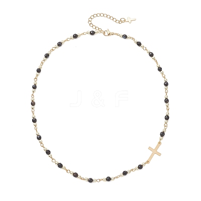 Faceted Dyed Natural Agate Round Beads & 304 Stainless Steel Tiny Cross Handmade Link Chain Necklaces NJEW-JN05842-02-1