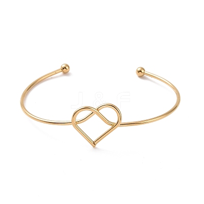 201 Stainless Steel Wire Wrap Heart Open Cuff Bangle BJEW-P285-02G-1