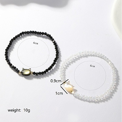 2Pcs 2 Color Natural Shell Cat & Gemstone Beaded Stretch Bracelets Set LJ6864-1
