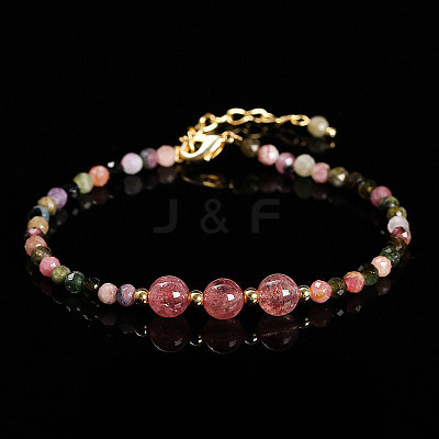 Natural Tourmaline & Strawberry Quartz Round Beads Bracelets WG466DA-04-1