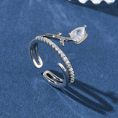 Brass Micro Pave Cubic Zirconia Cuff Open Rings for Women RJEW-L343-05P-02-1