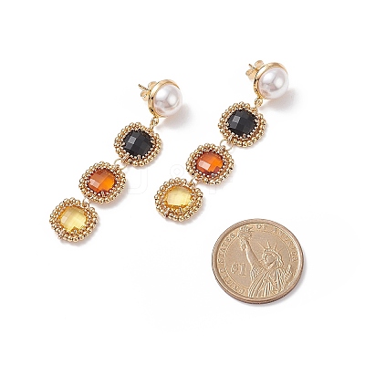 Glass Rectangle Beaded Long Dangle Stud Earrings with Imitation Pearl EJEW-TA00141-02-1