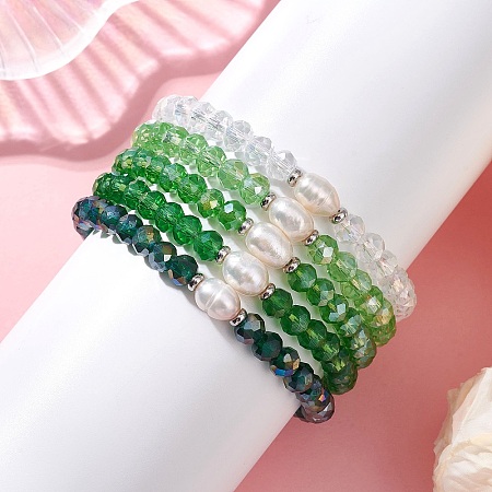 5Pcs Glass & Natural Cultured Freshwater Pearl Beads Stretch Bracelets for Women BJEW-JB13521-1