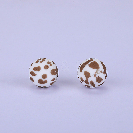 Printed Round with Leopard Print Pattern Silicone Focal Beads SI-JX0056A-102-1