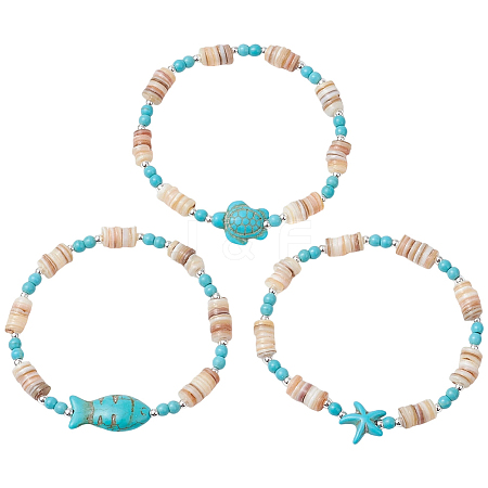 3Pcs Natural Freshwater Shell Beaded Stretch Bracelets BJEW-PA0001-06-1