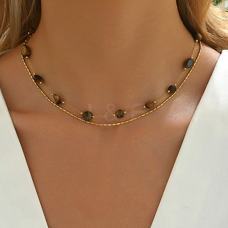 Golden Double Layer Irregular Natural Tiger Eye Beaded French Necklaces YU2526-1