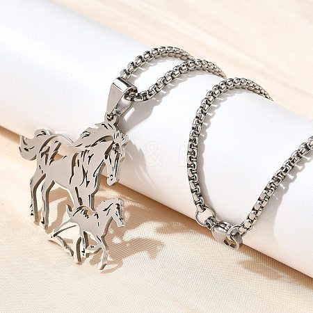 304 Stainless Steel Laser Cut Double Horse Pendant Box Chain Necklaces for Women Men NJEW-E156-03P-1