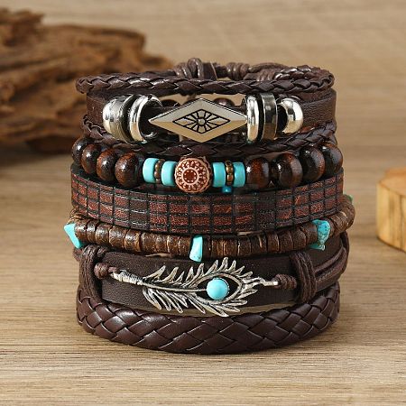 6Pcs 6 Styles Wood & Synthetic Turquoise Beaded Stretch Bracelets & Alloy Synthetic Turquoise Link Bracelets & Retro PU Leather Cord Bracelets for Men's FS-WG129F8-01-1