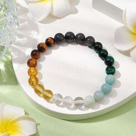 Natural Quartz Crystal & Amazonite & Tiger Eye & Larvikite Beaded Stretch Bracelets for Women Men BJEW-TA00551-1