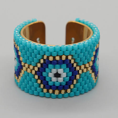 Adjustable Bohemian Style 304 Stainless Steel and Glass Seed Beads Cuff Rings FS-WG09053-10-1
