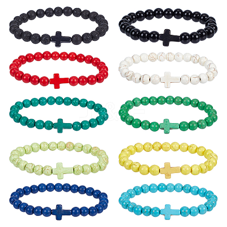 10Pcs 10 Style Natural Lava Rock & Dyed Synthetic Turquoise Cross Beaded Stretch Bracelets Set BJEW-AN0001-76-1