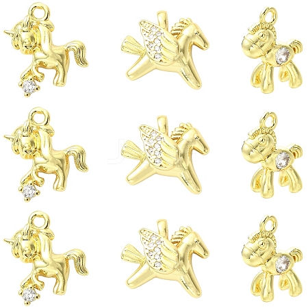 9Pcs 3 Styles Brass Micro Pave Clear Cubic Zirconia Charms KK-YW0004-65-1