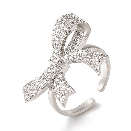 Bowknot Brass Micro Pave Clear Cubic Zirconia Open Cuff Rings for Women LS-RJEW-C098-17P-1