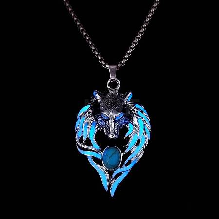 Luminous Glow In The Dark Enamel Wolf Pendant Necklace with Synthetic Turquoise Beaded X-LUMI-PW0006-66A-1