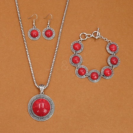 Flat Round Alloy with Synthetic Turquoise Pendant Necklaces & Dangle Earrings & Link Bracelets Sets WGD1135-02-1